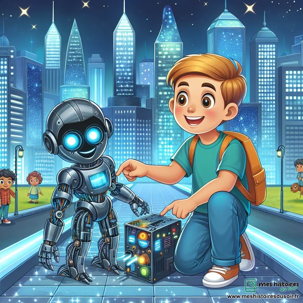 Une illustration destinée aux enfants représentant un garçon curieux et enthousiaste découvrant une machine mystérieuse avec l'aide d'un être mi-humain mi-robot, dans la ville futuriste d'Aurora aux gratte-ciels brillants et aux trottoirs lumineux scintillants comme des étoiles.