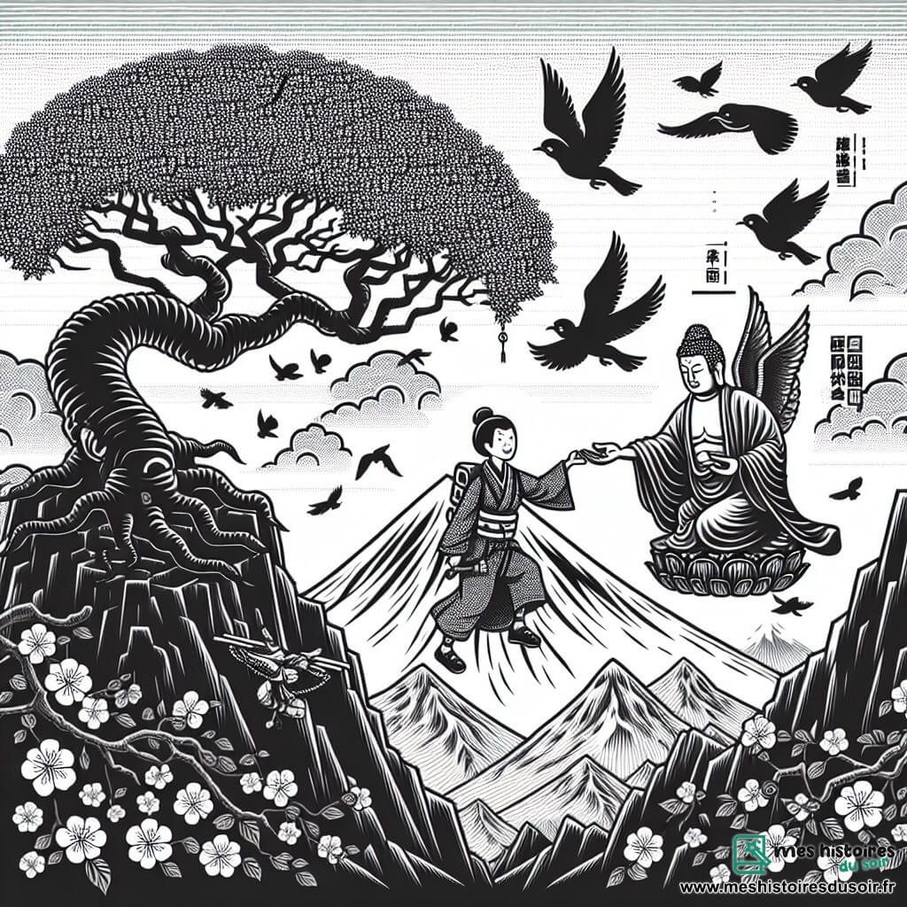 Une illustration destinée aux enfants représentant une femme au cœur généreux, affrontant une épreuve avec courage, accompagnée d'un Bodhisattva bienveillant, sous un majestueux cerisier en fleurs au sommet d'une montagne japonaise, entourée d'une nuée d'oiseaux noirs menaçants.