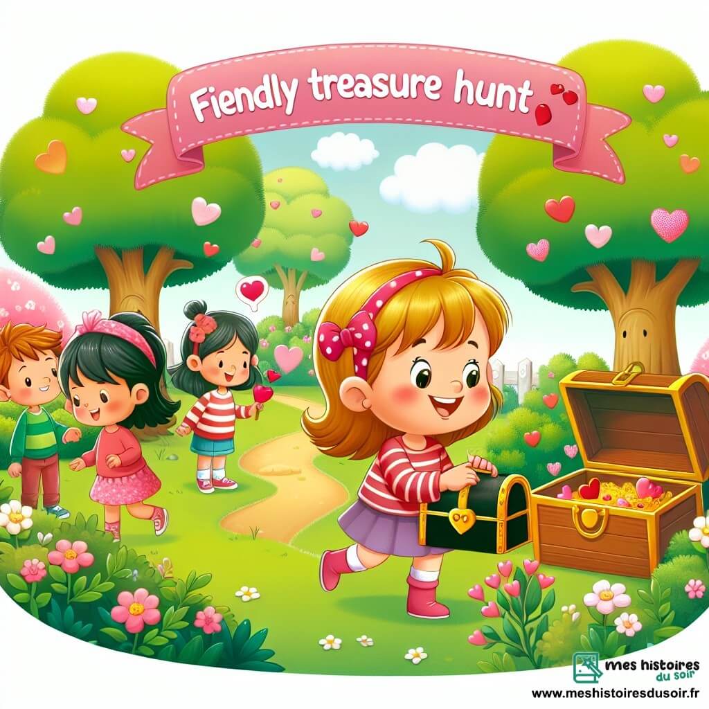 Une illustration destinée aux enfants représentant une petite fille espiègle préparant une chasse aux trésors amicale avec ses amis dans un parc verdoyant aux arbres fleuris, le jour de la Saint-Valentin.