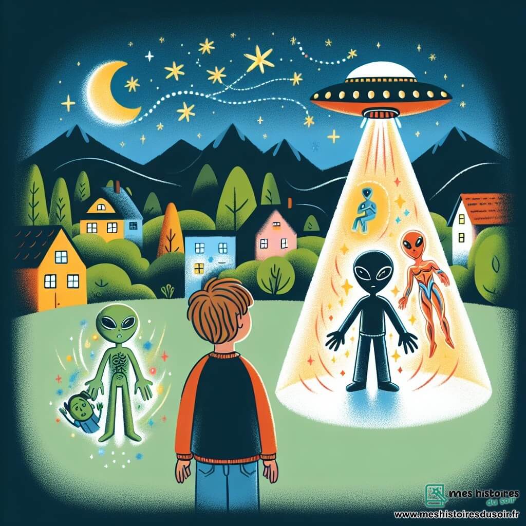 Une illustration destinée aux enfants représentant un garçon curieux observant un mystérieux vaisseau spatial descendant lentement du ciel, accompagné de deux extraterrestres, un garçon aux couleurs chatoyantes et une fille se transformant en objet, dans un petit village verdoyant au pied des montagnes, avec des étoiles scintillantes dans le ciel nocturne.