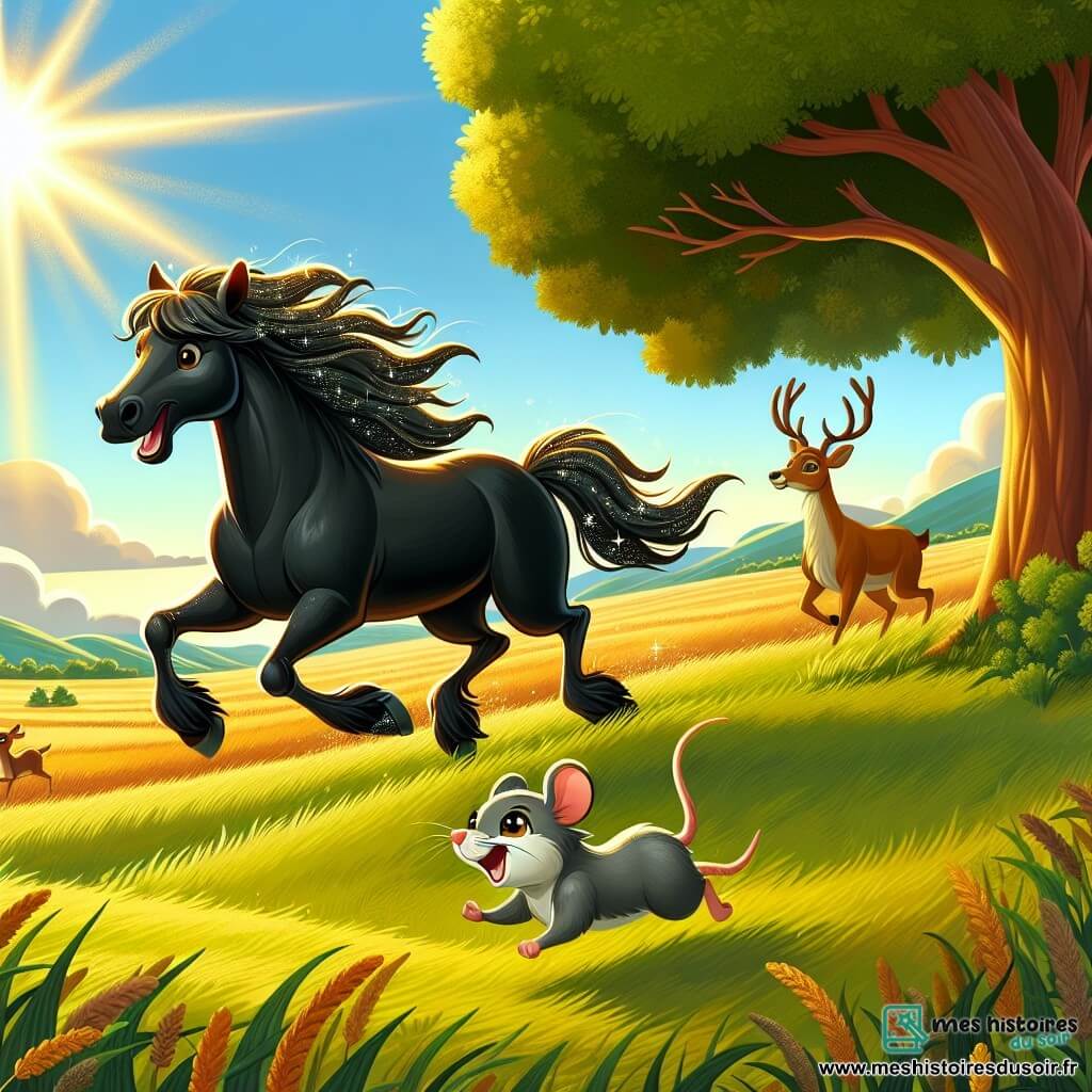 Une illustration sous forme de dessin destinée aux enfants représentant une vaste prairie verdoyante baignée par la lumière dorée du soleil, où un majestueux cheval noir à la crinière brillante galope joyeusement, accompagné d'une petite souris grise aux yeux pétillants qui le suit avec enthousiasme, tandis qu'un cerf au pelage brun et aux grandes cornes se tient à l'arrière-plan, observant avec gratitude, le tout illustrant un moment de camaraderie et d'entraide entre les animaux dans leur quête pour sauver une biche capturée.