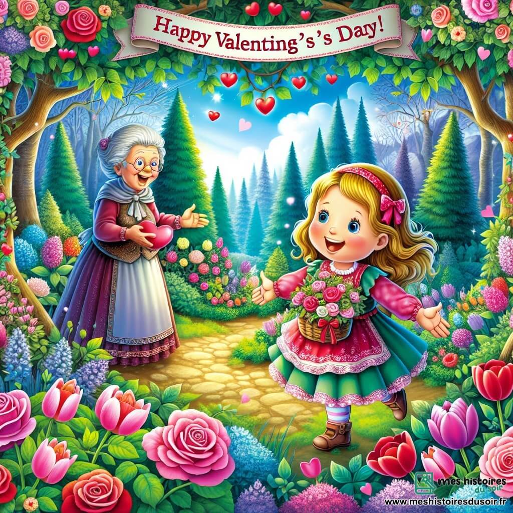 Une illustration destinée aux enfants représentant une petite fille épanouie, vivant une aventure pleine de surprises pour la Saint-Valentin, accompagnée de sa grand-mère complice, dans un jardin enchanté aux roses colorées, tulipes éclatantes et arbres majestueux.