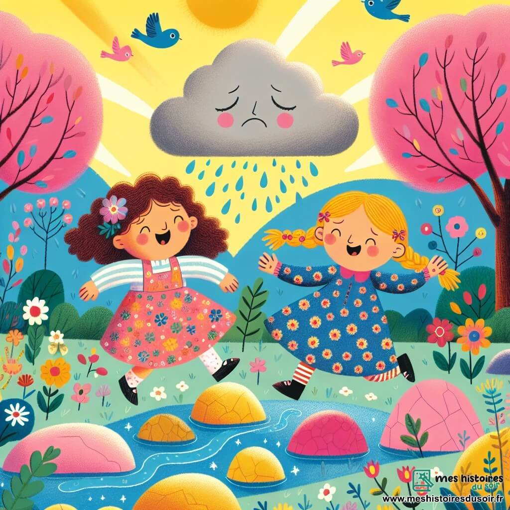 Illustration destinée aux enfants représentant un jardin magique, où des arbres aux feuilles roses dansent sous un ciel jaune éclatant, tandis qu'un ruisseau scintillant serpente à travers des pierres multicolores. Au centre, un groupe de deux petites filles de 5 ans, l'une avec des cheveux bouclés bruns et une robe à fleurs, l'autre avec des cheveux blonds tressés et une tunique bleue, sautent joyeusement de pierre en pierre, riant ensemble. Un petit nuage gris, avec des yeux tristes et une expression mélancolique, flotte au-dessus d'elles, cherchant désespérément sa lumière perdue. Des oiseaux bleus chantent autour, ajoutant une touche de magie à cette scène d'amitié et d'aventure.