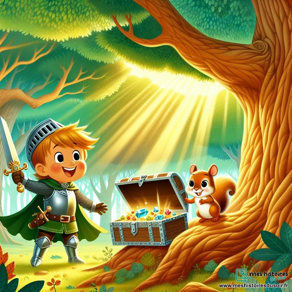 Une illustration sous forme de dessin destinée aux enfants représentant une forêt enchantée, avec de grands arbres aux feuilles vertes et une lumière dorée filtrant à travers les branches, où un chevalier courageux, un garçon en armure brillante avec un grand sourire, tient une épée à la main tout en discutant joyeusement avec son ami Squeek, un petit écureuil à la queue touffue et aux yeux pétillants, alors qu'ils découvrent ensemble une boîte ornée de pierres précieuses au pied d'un majestueux arbre, symbolisant leur quête d'amitié et de sagesse.