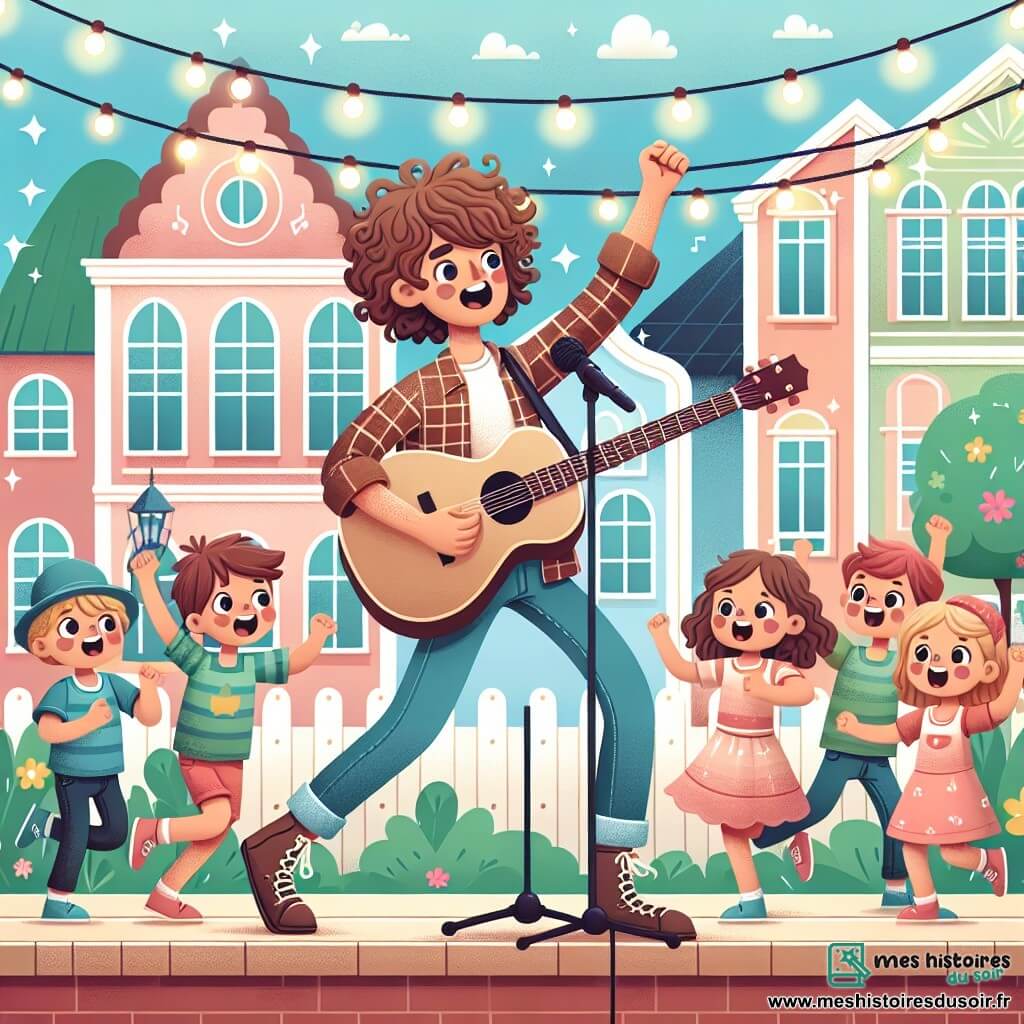 Une illustration sous forme de dessin destinée aux enfants représentant un parc coloré avec des maisons pastel en arrière-plan, où un homme aux cheveux bruns et bouclés, vêtu d'une chemise à carreaux et tenant une guitare, chante joyeusement sur une scène en bois, entouré de plusieurs enfants, garçons et filles, aux expressions émerveillées, qui dansent et applaudissent, tandis que des guirlandes lumineuses scintillent au-dessus d'eux, capturant l'esprit d'un concert magique et convivial.
