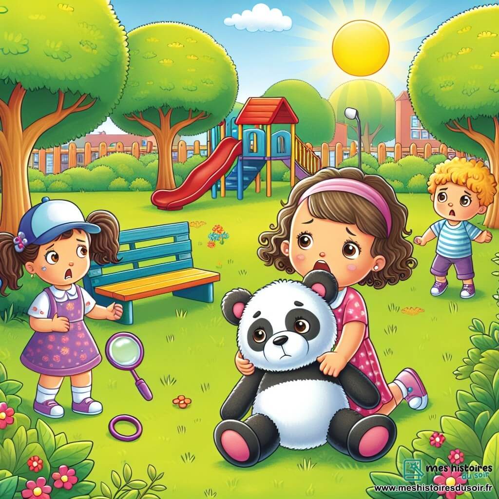 Une illustration sous forme de dessin destinée aux enfants représentant un parc ensoleillé avec des arbres verdoyants et une aire de jeux colorée, où une petite fille de 5 ans aux cheveux bruns et bouclés, portant une robe rose, cherche désespérément son panda en peluche, Coco, tandis qu'un garçon aux cheveux bouclés et une casquette bleue, ainsi qu'une petite fille avec des couettes, l'observent avec des expressions d'inquiétude et de détermination, tous unis dans leur quête pour retrouver le précieux jouet perdu et apprendre l'importance de la vérité.
