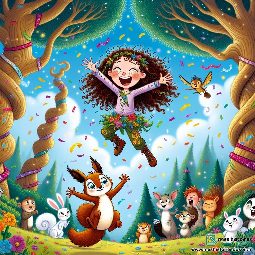 Illustration destinée aux enfants représentant une forêt enchantée, où de grands arbres aux troncs noueux s'élèvent vers un ciel bleu parsemé de nuages souriants, et où des fleurs colorées dansent au gré du vent. Au centre, une fille de 7 ans avec des cheveux bouclés et des yeux pétillants, vêtue d'un pantalon magique orné de motifs de dragons, s'élève dans les airs en riant, les bras étendus comme si elle volait. À ses côtés, un petit écureuil au pelage brun et aux yeux malicieux, nommé Grignote, applaudit avec enthousiasme, tandis qu'un groupe d'animaux curieux, comprenant un lapin blanc et un oiseau coloré, regarde la scène avec des expressions émerveillées. L'atmosphère est joyeuse et pleine de magie, avec des confettis colorés tombant du ciel, créant une ambiance festive et ludique.