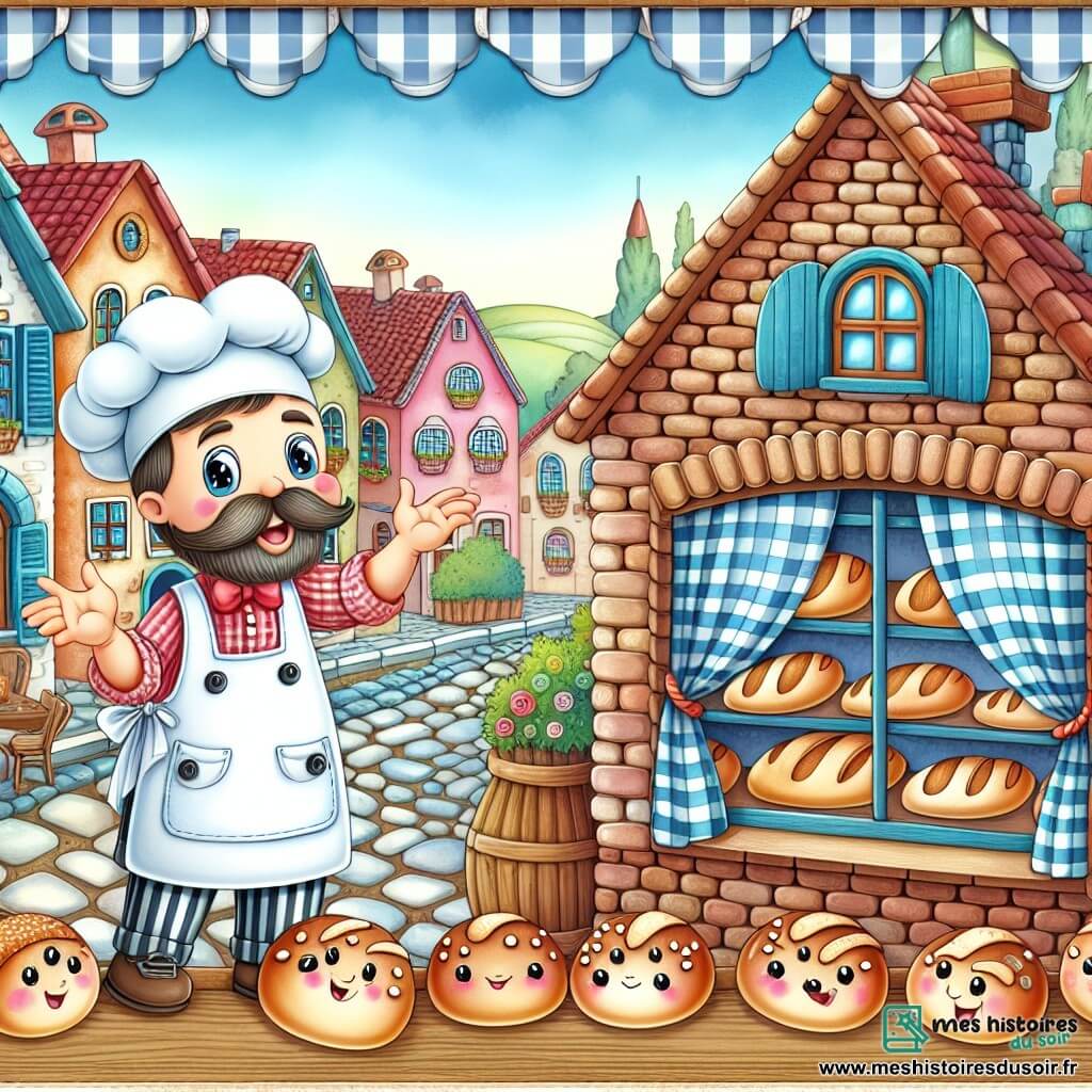 Une illustration destinée aux enfants représentant un boulanger joyeux et passionné, entouré de petits pains rigolos, dans sa charmante boulangerie aux murs en briques et aux fenêtres ornées de rideaux à carreaux, située au cœur d'un village pittoresque aux maisons colorées et aux rues pavées.