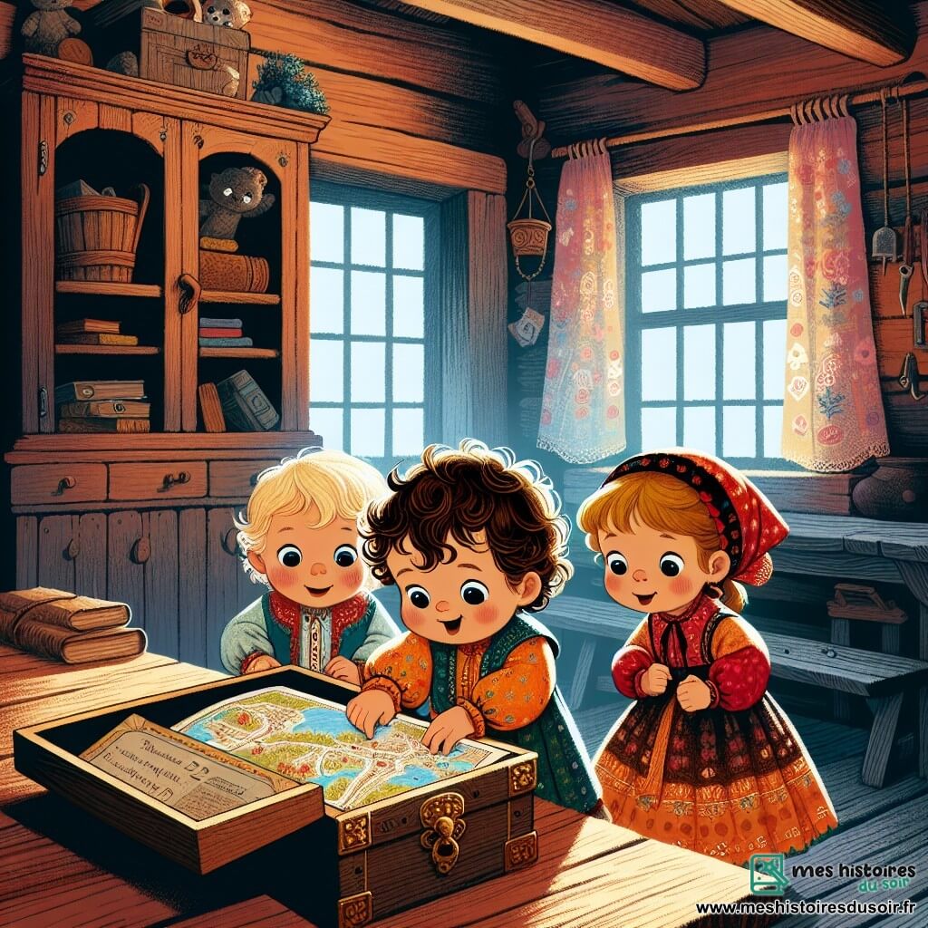 Une illustration sous forme de dessin destinée aux enfants représentant l'intérieur d'une vieille maison poussiéreuse avec des murs en bois et des toiles d'araignée, où une petite fille de 1 an aux cheveux bouclés et aux yeux pétillants, vêtue d'une robe colorée, ouvre une boîte mystérieuse sur une table, tandis qu'un garçon de 2 ans aux cheveux blonds et une fille de 2 ans aux cheveux bruns, tous deux curieux, l'observent avec émerveillement, alors qu'ils découvrent une carte au trésor qui les mènera à une aventure pleine de surprises.