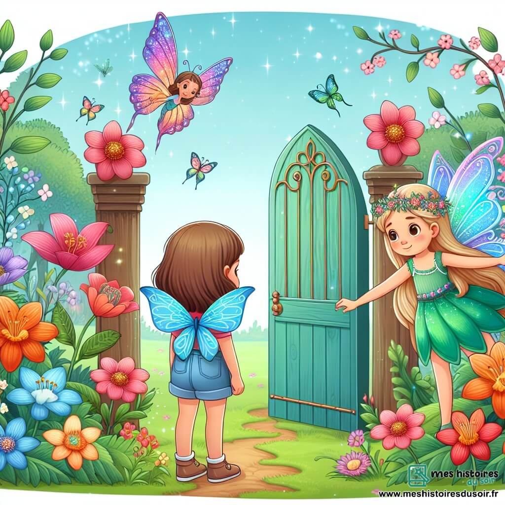 Une illustration destinée aux enfants représentant une fille courageuse se tenant devant un portail magique, accompagnée d'une fée aux ailes scintillantes, dans une clairière enchantée aux fleurs chatoyantes et aux papillons irisés.