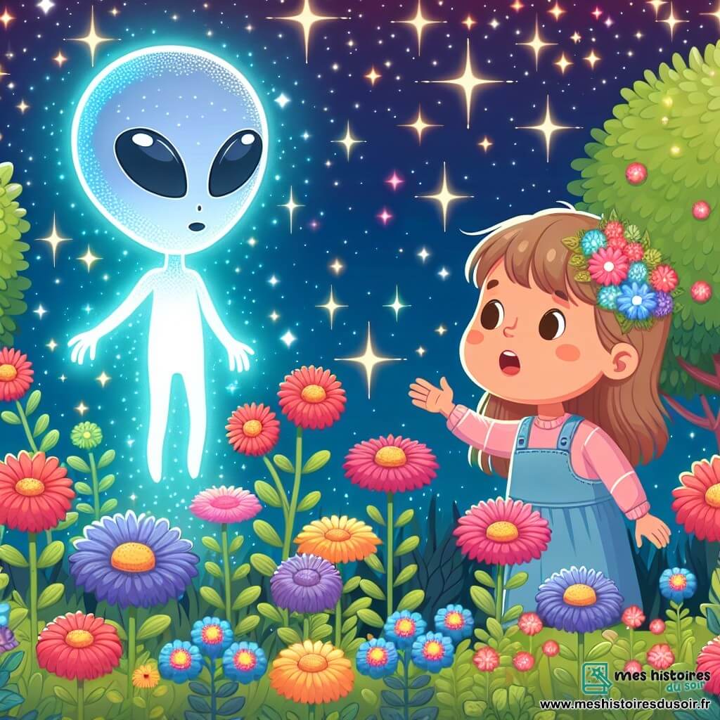 Une illustration destinée aux enfants représentant une petite fille émerveillée par la visite d'un extraterrestre brillant, dans un jardin parsemé de fleurs multicolores et sous un ciel étoilé scintillant.