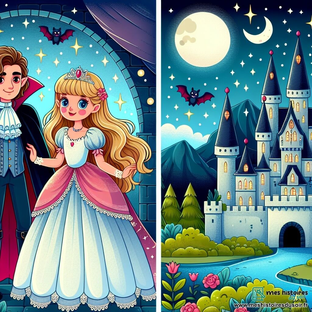 Une illustration destinée aux enfants représentant un vampire aristocratique, une princesse courageuse et un château étincelant sous la lumière de la lune, dans une histoire de créatures fantastiques.