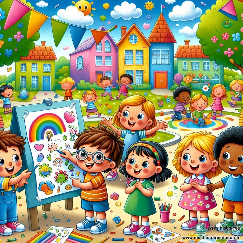 Illustration d'une cour de récréation d'une école colorée avec des maisons vives et des arbres aux feuilles éclatantes. Au centre, quatre enfants entourent une grande affiche décorée de dessins joyeux et de mots positifs. Un garçon de six ans avec des cheveux bruns et des lunettes sourit en pointant l'affiche. À côté, une fille aux cheveux blonds tressés admire l'affiche en robe rose. Un autre garçon, avec des cheveux noirs et un t-shirt bleu, tient un crayon pour dessiner. Une fille aux cheveux bouclés et jupe à fleurs s'approche avec détermination. Les enfants partagent sourires et rires, tandis qu'un garçon châtain les observe, perplexe. Des bulles de dialogue contenant les mots "amitié" et "respect" flottent autour, tandis qu'en arrière-plan, d'autres enfants jouent, illustrant un environnement positif et inclusif.