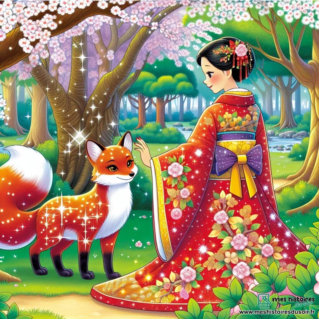 Une illustration destinée aux enfants représentant une femme élégante au kimono coloré, rencontrant un renard rouge étincelant, dans une forêt japonaise luxuriante aux arbres centenaires et aux cerisiers en fleurs.