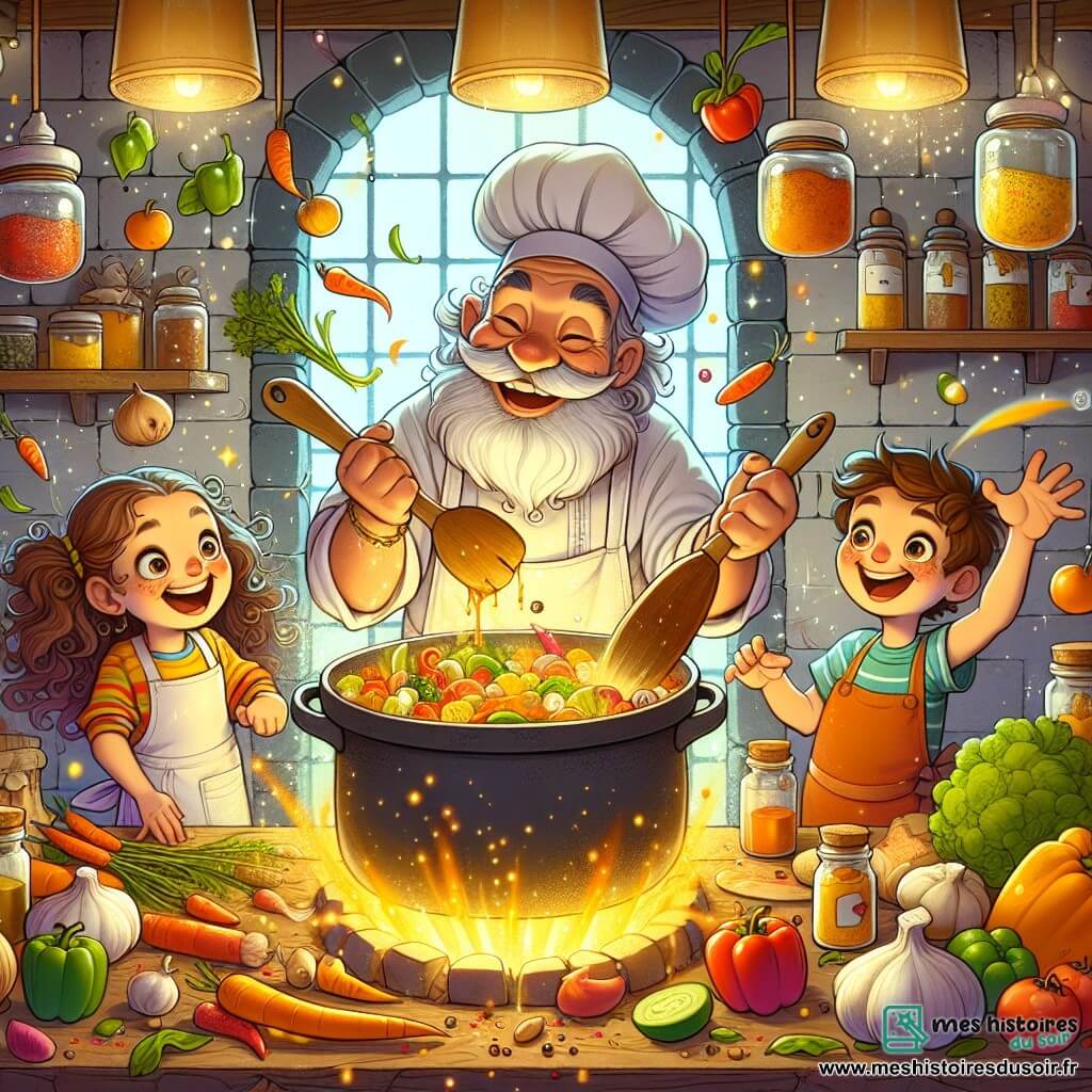 Illustration destinée aux enfants représentant une cuisine magique et colorée, remplie de pots d'épices scintillants, de légumes frais aux couleurs vives et d'une grande casserole bouillonnante sur le feu. Au centre, un homme au grand tablier blanc et à la toque haute, avec une barbe grisonnante et des yeux pétillants de malice, est en train de couper des légumes avec une spatule en bois, montrant sa passion pour la cuisine. À ses côtés, une fille aux cheveux bouclés et au sourire radieux, portant un petit tablier, observe avec émerveillement, tandis qu'un garçon aux cheveux bruns et aux yeux curieux, se frotte les mains d'impatience, prêt à créer sa propre pizza. La scène dégage une atmosphère joyeuse et chaleureuse, avec des éclats de rire et des ingrédients colorés éparpillés autour, symbolisant la magie de la cuisine et le plaisir de cuisiner ensemble.