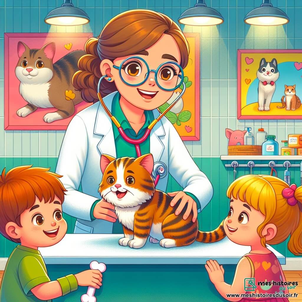 Une illustration sous forme de dessin destinée aux enfants représentant une clinique vétérinaire colorée avec des murs décorés de dessins d'animaux, où une femme vétérinaire aux lunettes rondes et au stéthoscope autour du cou, souriante et bienveillante, examine une petite chatte tigrée sur une table, tandis que deux enfants, un garçon aux cheveux bruns et une fille aux cheveux blonds, regardent avec émerveillement, le garçon tenant un stéthoscope en plastique et la fille tenant un jouet en forme d'os, le tout dans une ambiance joyeuse et chaleureuse.