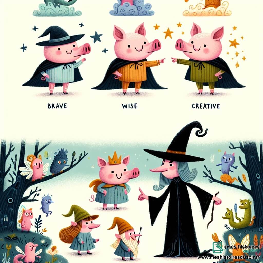 Une illustration destinée aux enfants représentant trois frères cochons, un courageux, un sage et un créatif, affrontant un sorcier maléfique dans une forêt mystérieuse peuplée de fées, de lutins et d'animaux fantastiques.
