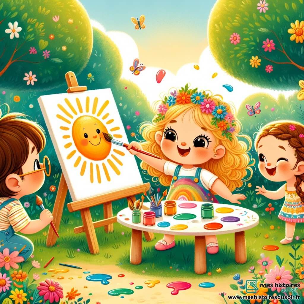 Illustration destinée aux enfants représentant un parc ensoleillé, rempli de fleurs colorées et d'arbres verdoyants, où des enfants rient et jouent autour d'une grande table de peinture. Au premier plan, une petite fille de trois ans, avec des cheveux bouclés dorés et un sourire timide, tient un pinceau dans sa main, peignant un grand soleil sur un tableau blanc. À côté d'elle, un petit garçon aux lunettes rondes et aux cheveux bruns l'encourage avec un grand sourire, tandis qu'une petite fille aux cheveux tressés et à la robe multicolore admire sa peinture. L'atmosphère est joyeuse et pleine de créativité, illustrant le moment où la petite fille surmonte sa peur de montrer son art aux autres. Des éclats de peinture colorée sont éparpillés autour d'eux, ajoutant une touche de magie à cette scène de confiance en soi.