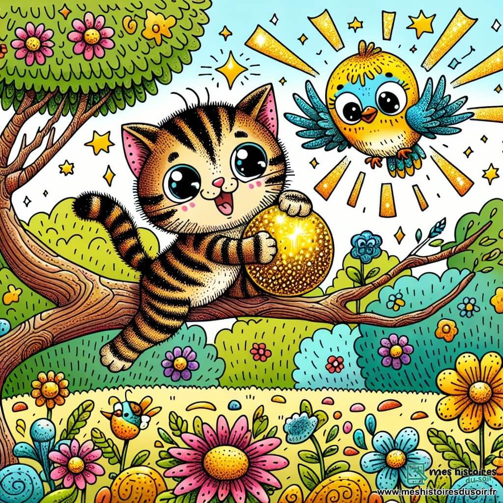 Une illustration sous forme de dessin destinée aux enfants représentant un jardin ensoleillé rempli de fleurs colorées et d'arbres verdoyants, où un petit chat rayé aux grands yeux brillants grimpe avec enthousiasme sur une branche, tenant dans ses pattes une balle dorée scintillante, tandis qu'un petit oiseau aux plumes jaunes et bleues vole joyeusement autour de lui, le regardant avec encouragement, capturant ainsi un moment de camaraderie et d'aventure.