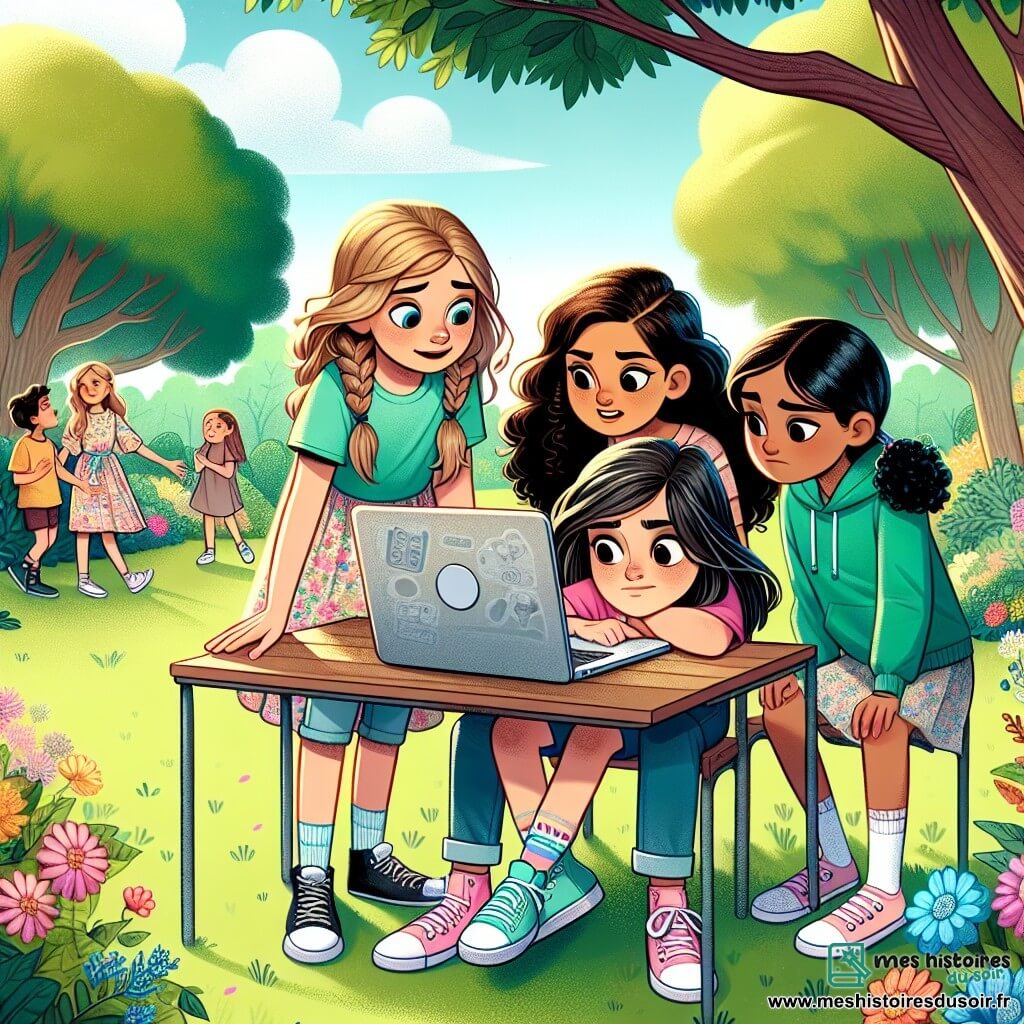 Illustration d'un après-midi ensoleillé dans un parc verdoyant avec des arbres majestueux et des fleurs colorées. Au centre, quatre filles d'environ neuf ans se tiennent autour d'un ordinateur portable sur une petite table en bois. La première, avec de longs cheveux bruns, porte un t-shirt rose et un short en jean, et regarde l'écran avec tristesse. La deuxième, avec des cheveux blonds en tresse et une robe à fleurs, prend la main de son amie pour la réconforter. La troisième, aux cheveux bouclés châtains et en sweat à capuche bleu, affiche un regard déterminé. La quatrième, avec des cheveux raides noirs et un t-shirt vert, sourit pour remonter le moral de ses amies. L'ordinateur montre des messages de harcèlement, et des bulles de dialogue illustrent des mots blessants, tandis que les expressions des filles passent de l'inquiétude à la détermination. En arrière-plan, d'autres enfants jouent, symbolisant un environnement joyeux en contraste avec la situation difficile des protagonistes, tandis que des cœurs et des étoiles flottent autour d'elles, représentant leur amitié et leur solidarité.