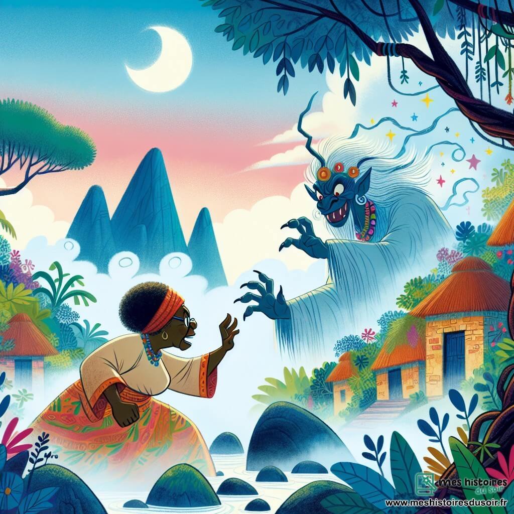 Une illustration destinée aux enfants représentant une femme sage et rusée affrontant un esprit malicieux sur la Montagne des Étoiles, un jardin secret entouré de brumes épaisses et de roches acérées, dans le village des Mille Couleurs au cœur du pays de Kouloumba.