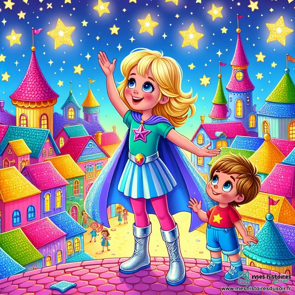 Une illustration sous forme de dessin destinée aux enfants représentant un toit coloré d'une ville magique aux maisons roses et jaunes, où une super-héroïne aux cheveux dorés brillants, portant une cape bleu ciel et des bottes argentées, se tient joyeusement, levant les bras vers le ciel étoilé, tandis qu'un petit garçon curieux aux cheveux bruns et aux yeux pétillants, vêtu d'un t-shirt rouge et d'un short bleu, l'observe avec admiration, tous deux entourés d'étoiles scintillantes qui semblent leur chuchoter des secrets de courage et de gentillesse.