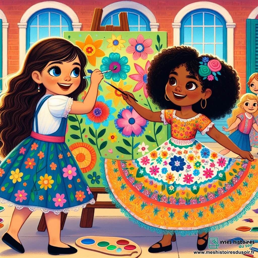 Une illustration sous forme de dessin destinée aux enfants représentant une cour d'école colorée à Luminelle, où une fille de 9 ans aux longs cheveux bruns et aux yeux bleus éclatants, vêtue d'une jolie robe à fleurs, peint un grand panneau décoratif rempli de fleurs et d'étoiles, tandis qu'une fille de descendance espagnole aux cheveux noirs et bouclés, habillée d'une robe vive, danse joyeusement à ses côtés, tous deux entourés d'autres enfants de différentes origines, célébrant la diversité et l'amitié à travers un spectacle artistique.