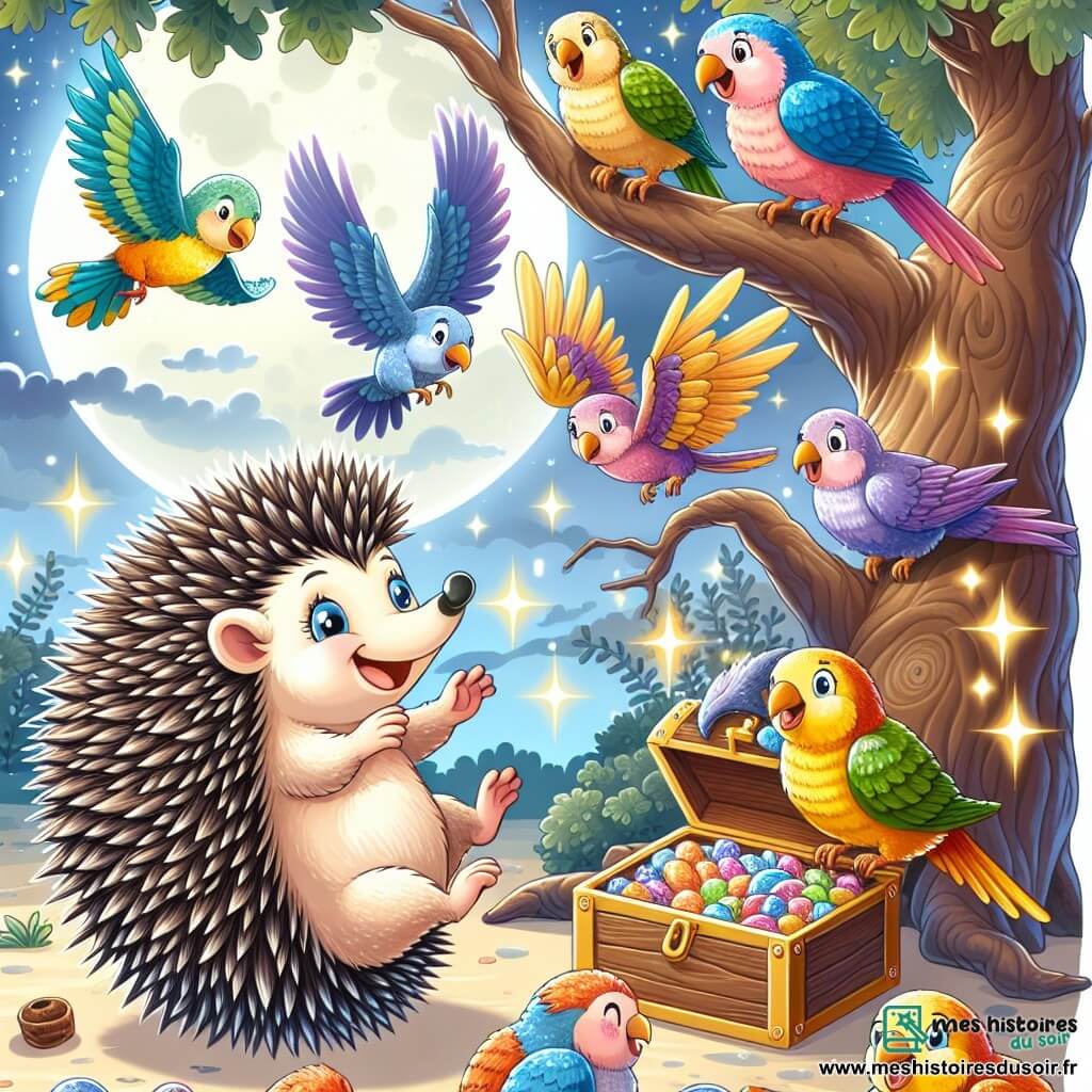 Une illustration sous forme de dessin destinée aux enfants représentant un zoo magique illuminé par la lune, où un hérisson aux épines brillantes et aux yeux pétillants danse joyeusement au milieu d'une bande d'oiseaux colorés, dont un perroquet aux plumes éclatantes et un canari joyeux, tous en train de célébrer une fête nocturne autour d'un vieux chêne, avec une boîte en bois remplie de friandises scintillantes à leurs pieds, créant une atmosphère de rires et d'amitié.
