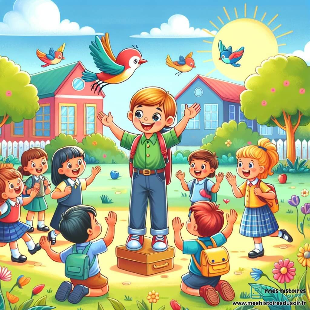 Une illustration destinée aux enfants représentant un petit garçon plein d'énergie le jour de sa rentrée à l'école maternelle, entouré de ses amis et de sa gentille maîtresse, dans une cour d'école colorée et animée par le chant des oiseaux et le rire des enfants.