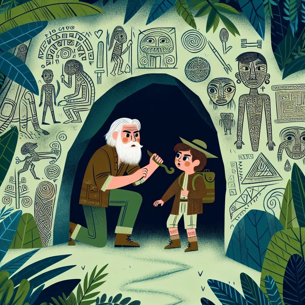 Une illustration destinée aux enfants représentant un archéologue barbu et passionné, accompagné d'un jeune apprenti, explorant une grotte mystérieuse aux parois ornées de dessins énigmatiques, dans une jungle dense et luxuriante.