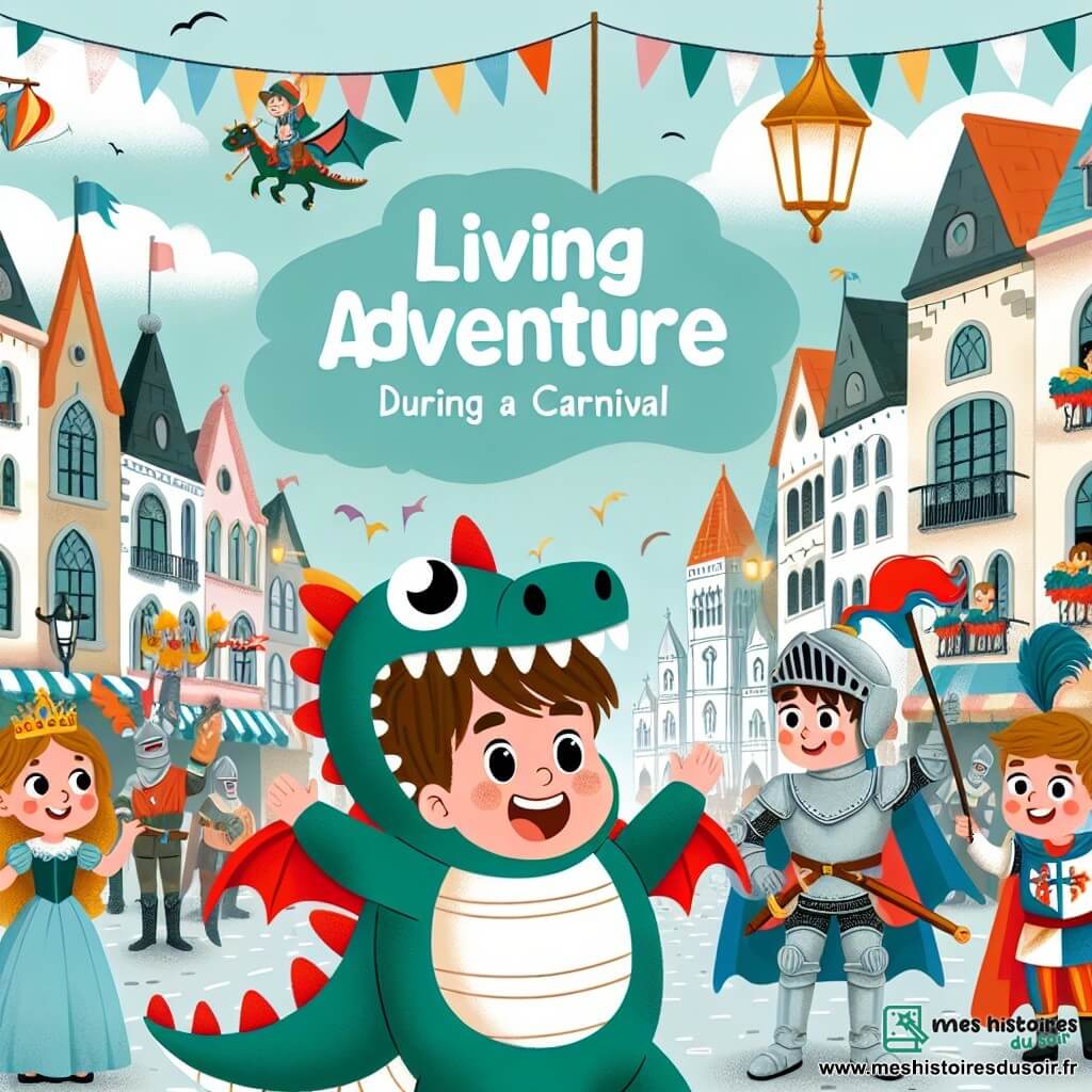 Une illustration destinée aux enfants représentant un petit garçon en costume de dragon, vivant des aventures palpitantes lors du carnaval, entouré de ses amis Jules le chevalier et Léa la princesse, dans les rues colorées et festives d'une ville animée.