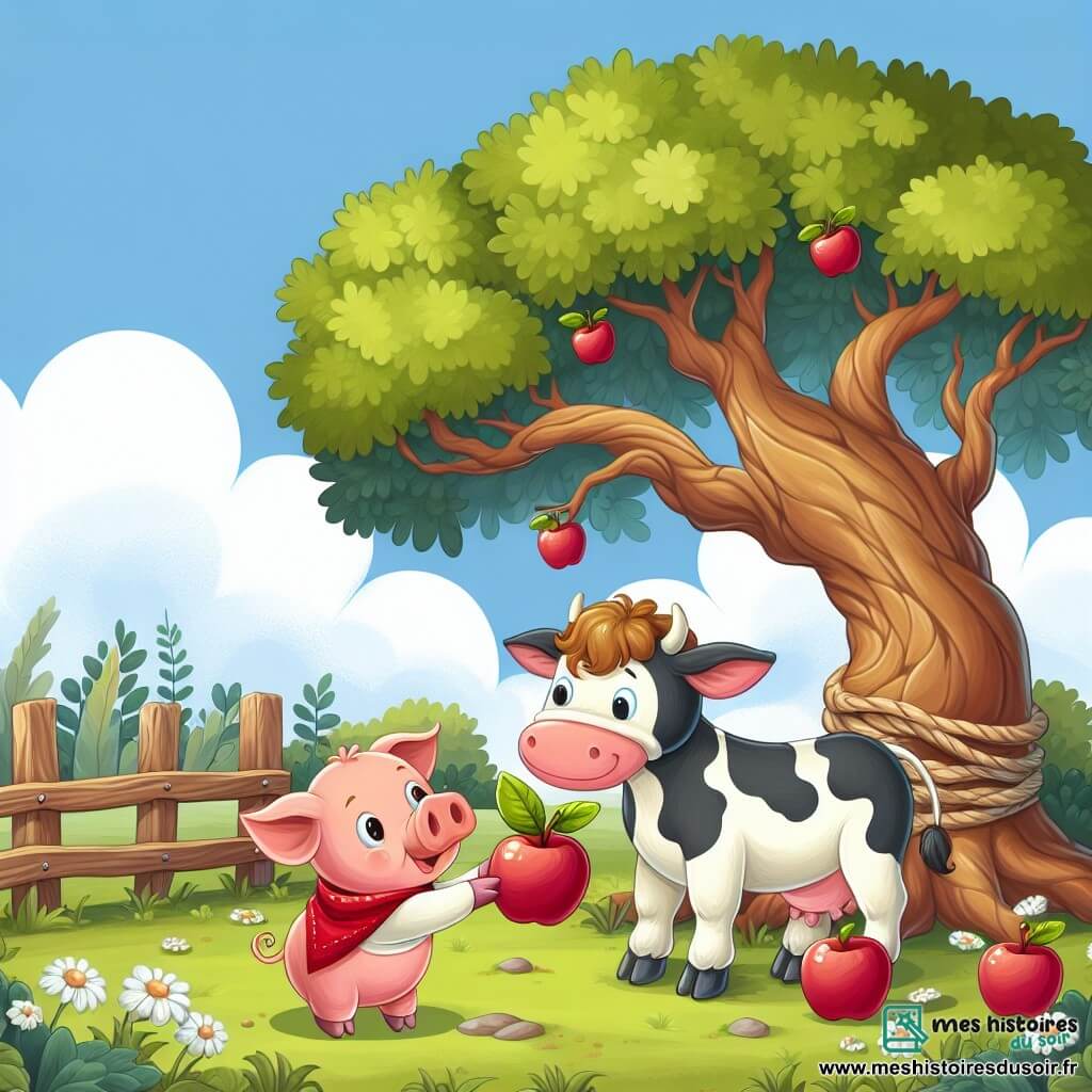 Une illustration destinée aux enfants représentant un petit cochon joyeux offrant une pomme rouge brillante à une vache douce, sous l'ombre d'un vieux chêne majestueux dans la cour d'une ferme paisible.