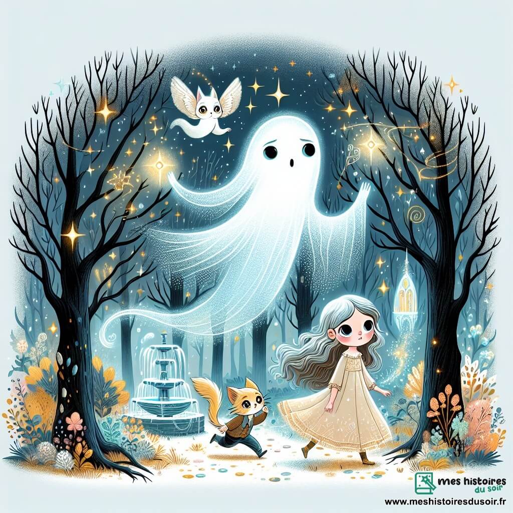Une illustration destinée aux enfants représentant un fantôme éthéré perdu dans les bois mystérieux, accompagné d'une petite fille curieuse et de son chaton espiègle, évoluant dans une clairière enchantée aux fleurs chatoyantes et à la fontaine scintillante.