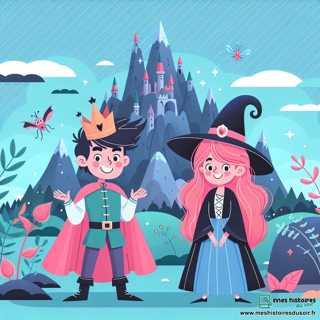 Une illustration destinée aux enfants représentant un prince espiègle, une sorcière rigolote aux cheveux rose fluo, dans un royaume enchanté avec une montagne mystérieuse ornée de rochers pointus et de plantes étranges.