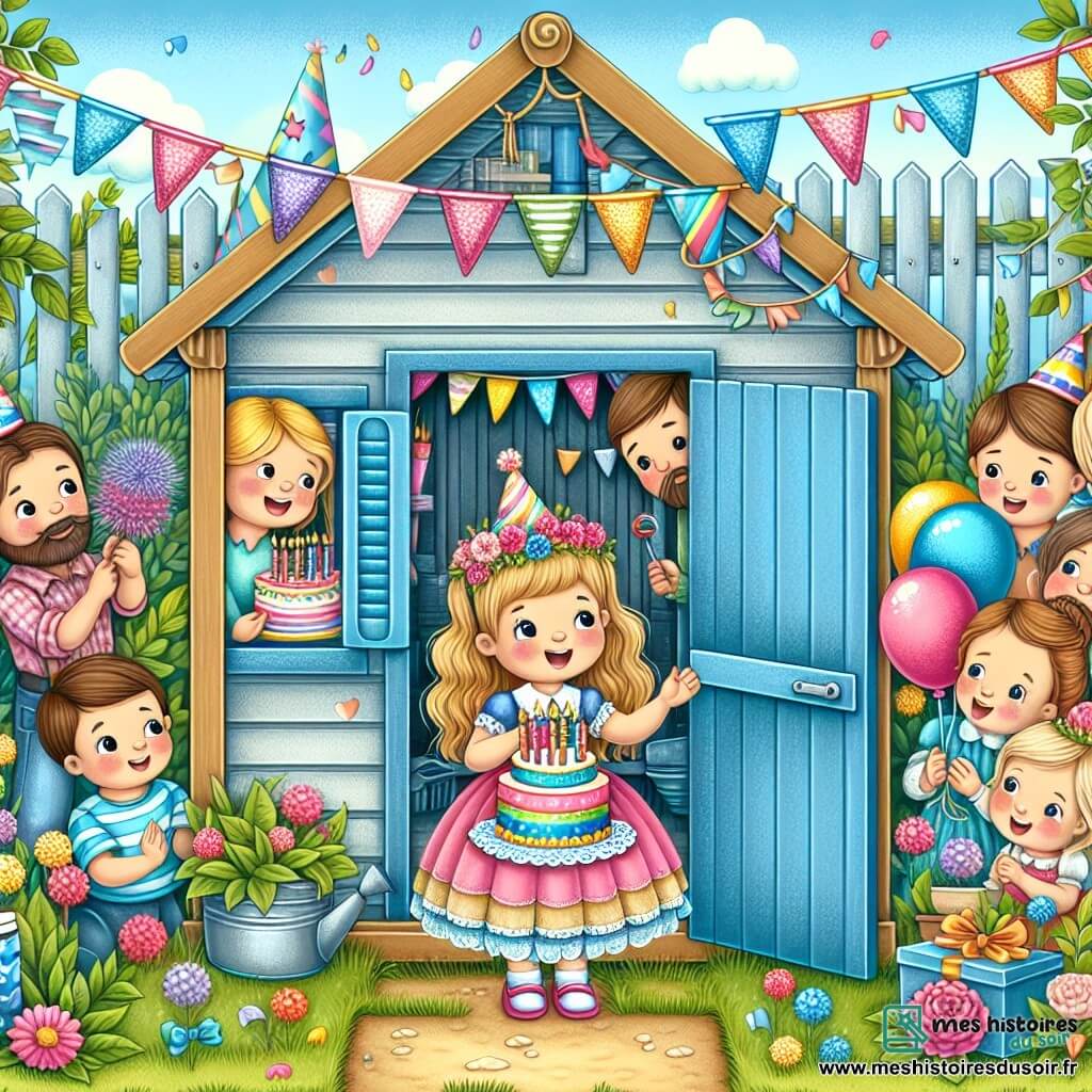 Une illustration destinée aux enfants représentant une petite fille espiègle célébrant son anniversaire entourée de sa famille dans une cabane de jardin aux volets bleus, avec des ballons colorés et une guirlande de fanions multicolores, capturant ainsi un moment de bonheur et de magie.