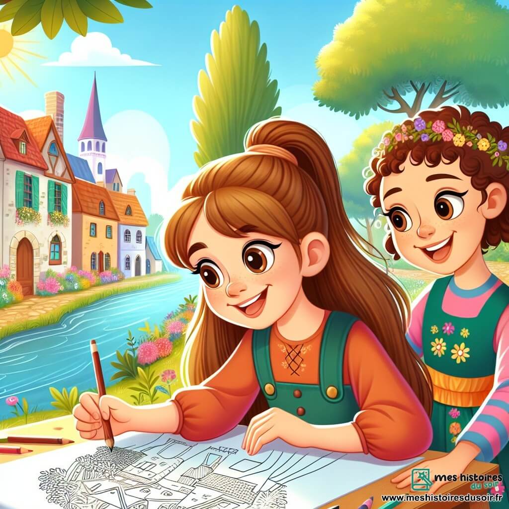 Une illustration sous forme de dessin destinée aux enfants représentant une scène ensoleillée près d'une rivière dans un village pittoresque, où une fille de 12 ans aux longs cheveux châtains attachés en queue de cheval, concentrée et souriante, dessine avec passion sur une grande feuille de papier, tandis qu'une autre fille de son âge, aux cheveux bouclés et vêtue d'une robe colorée, l'encourage avec enthousiasme, capturant l'instant où la confiance en soi émerge à travers la créativité et l'amitié.