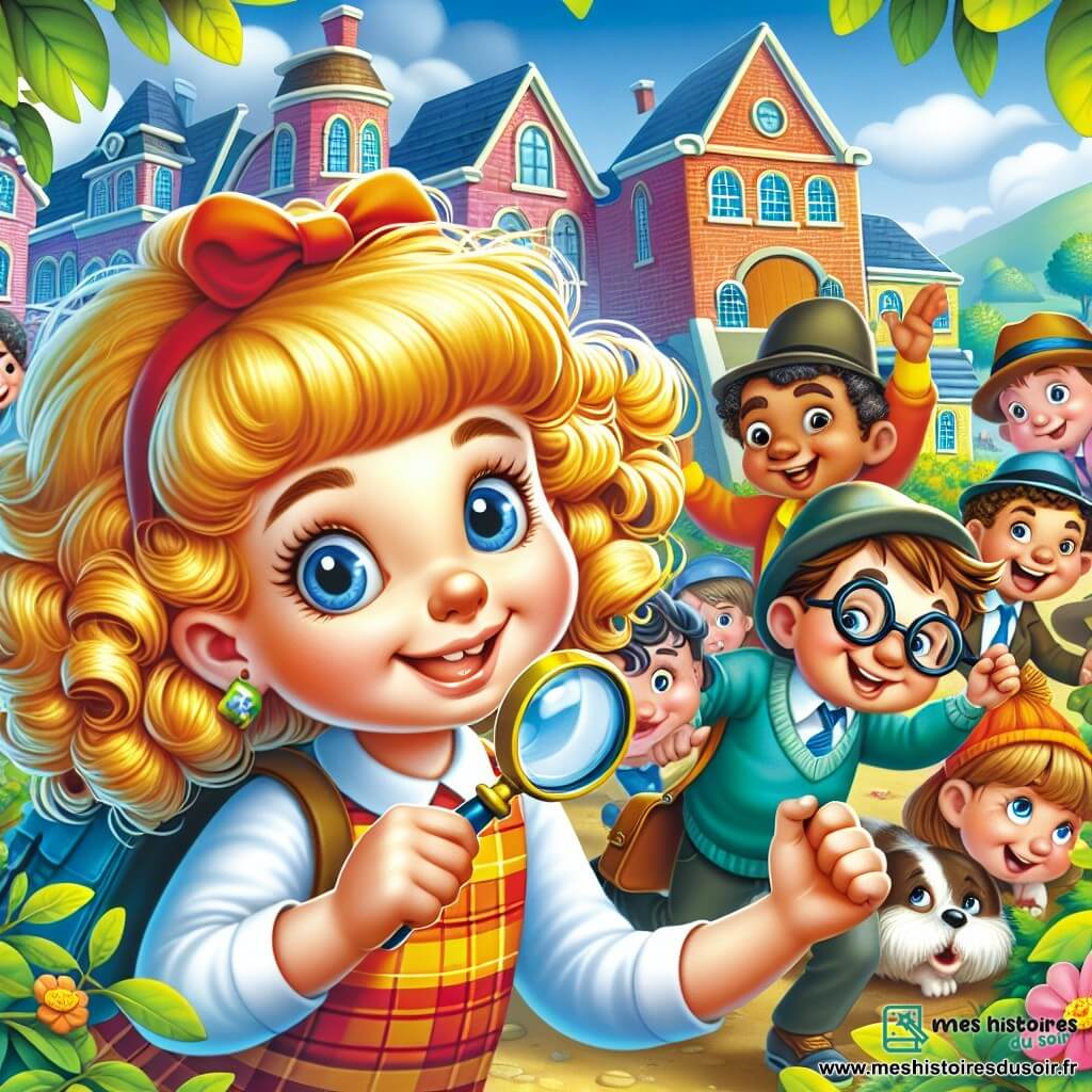 Une illustration destinée aux enfants représentant une petite fille espiègle aux boucles d'or en train de résoudre un mystère rigolo avec ses amis, dont un garçon turbulent aux grands yeux bleus, dans une cour d'école colorée et animée de Joyeuxbourg.