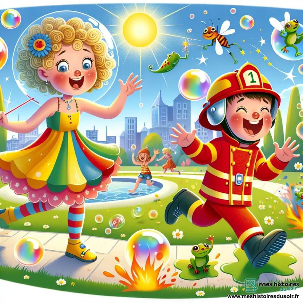 Une illustration sous forme de dessin destinée aux enfants représentant un parc ensoleillé de Chouquetteville, avec une femme aux cheveux bouclés et à la cape colorée, dansant joyeusement tout en poursuivant une mouche brillante qui virevolte autour d'elle, tandis qu'un pompier jovial, avec un casque et un uniforme rouge, glisse sur une peau de banane en riant, entouré de bulles de savon colorées et de grenouilles chantantes qui ajoutent une touche de magie et de comédie à cette scène pleine de rires et d'amitié.