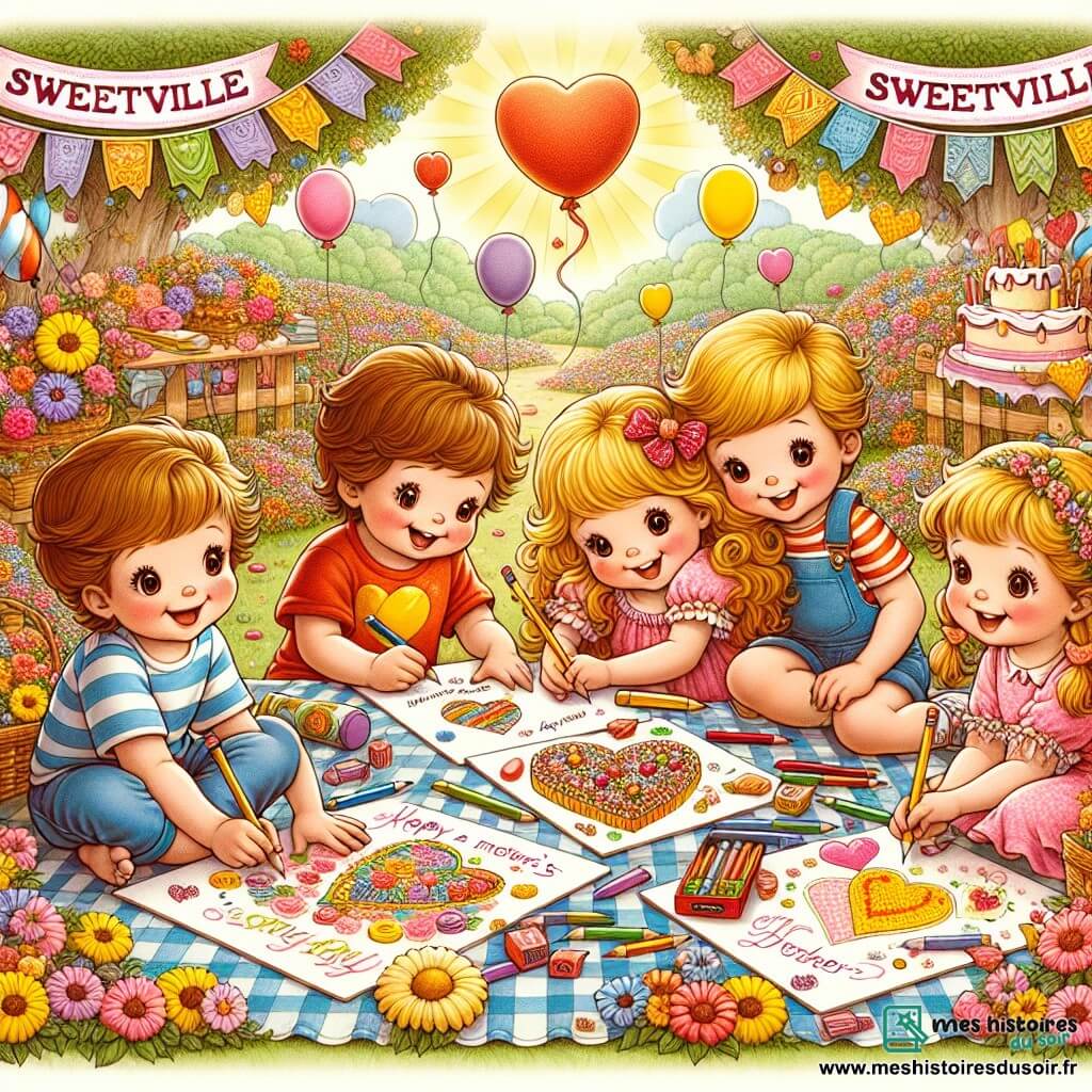 Illustration destinée aux enfants représentant un jardin ensoleillé de Douceville, rempli de fleurs colorées et de guirlandes festives flottant doucement dans la brise. Au centre, un groupe de quatre enfants de cinq ans, deux garçons et deux filles, sont assis sur une couverture à carreaux, entourés de crayons colorés et de cartes de fête des mères qu'ils décorent avec enthousiasme. L'un des garçons, avec des cheveux bruns en bataille et un t-shirt rouge, dessine un grand cœur, tandis que l'autre garçon, aux cheveux blonds et portant une casquette, ajoute des bonbons sur sa carte. Une fille aux cheveux bouclés et à la robe rose sourit en tenant une carte ornée de fleurs, tandis que l'autre fille, avec des tresses et un t-shirt jaune, écrit un message doux. En arrière-plan, un gâteau en forme de cœur est posé sur une table, entouré de ballons colorés, symbolisant la joie et l'amour de la fête des mères.