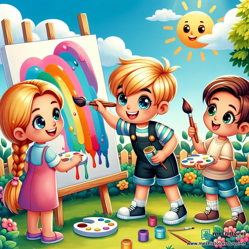 Une illustration sous forme de dessin destinée aux enfants représentant un jardin ensoleillé, avec un garçon de 7 ans aux cheveux blonds en bataille et aux yeux pétillants, tenant un pinceau et peignant un grand tableau coloré sur une toile, entouré de deux amis : une fille aux cheveux bruns en tresse, souriante et pleine d'énergie, qui l'encourage, et un garçon aux cheveux châtains, un peu hésitant mais curieux, qui essaie de peindre à ses côtés, illustrant ainsi l'importance de l'égalité des genres et de la créativité partagée.