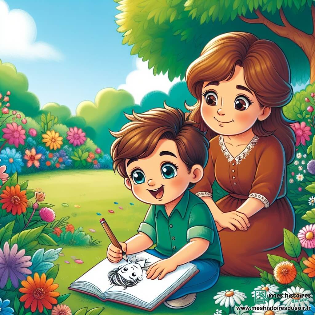 Une illustration sous forme de dessin destinée aux enfants représentant un jardin ensoleillé, rempli de fleurs colorées et d'arbres verdoyants, où un garçon de 12 ans aux cheveux bruns et aux yeux pétillants, assis sur une pelouse, dessine avec passion dans son carnet de croquis, tandis qu'à ses côtés, sa mère, une femme douce aux cheveux châtains et au sourire réconfortant, l'observe avec tendresse, tous deux se remémorant des souvenirs d'un être cher récemment disparu, symbolisant l'amour et la mémoire qui perdurent au-delà de la perte.