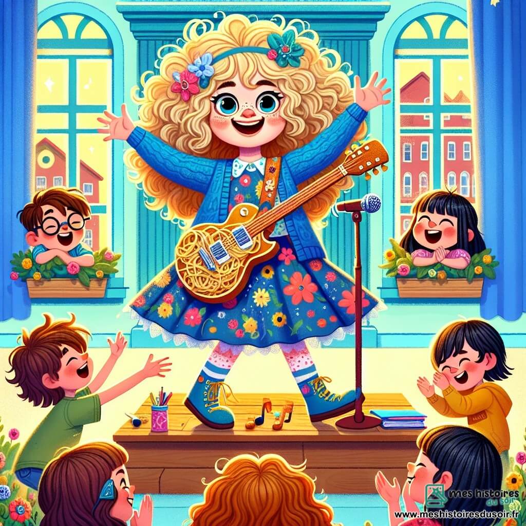 Illustration d'une scène joyeuse dans une école colorée de Chouetteville, avec des murs bleu clair et des fenêtres fleuries. Au centre, une jeune fille aux cheveux bouclés et dorés, en robe à fleurs et pull bleu, se tient sur une scène en bois, souriant malicieusement, les bras ouverts, entourée d'objets loufoques comme une guitare en spaghetti et de grandes lunettes. À ses côtés, un garçon de 10 ans avec des cheveux bruns en bataille, riant, et une fille aux cheveux lisses et noirs, dansant joyeusement, tous deux captivés par sa performance. La jeune fille utilise ses pouvoirs pour faire apparaître des objets comiques, suscitant rires et joie parmi les enfants. En arrière-plan, des enfants applaudissent et rient, créant une atmosphère festive, avec des ballons colorés flottant et des sourires éclatants.
