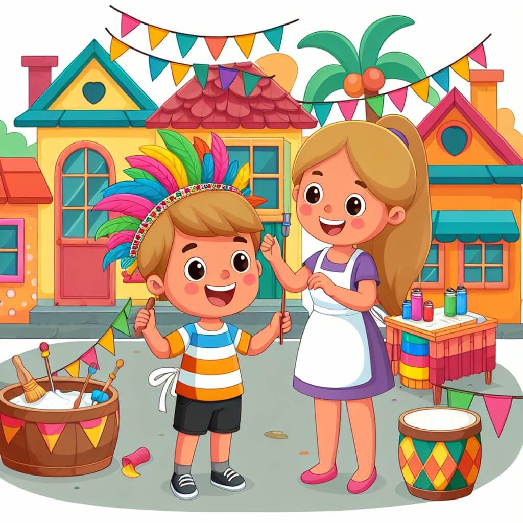 Une illustration destinée aux enfants représentant un jeune garçon joyeux et plein d'énergie, vivant dans un village coloré, se préparant pour le carnaval avec l'aide de sa maman.