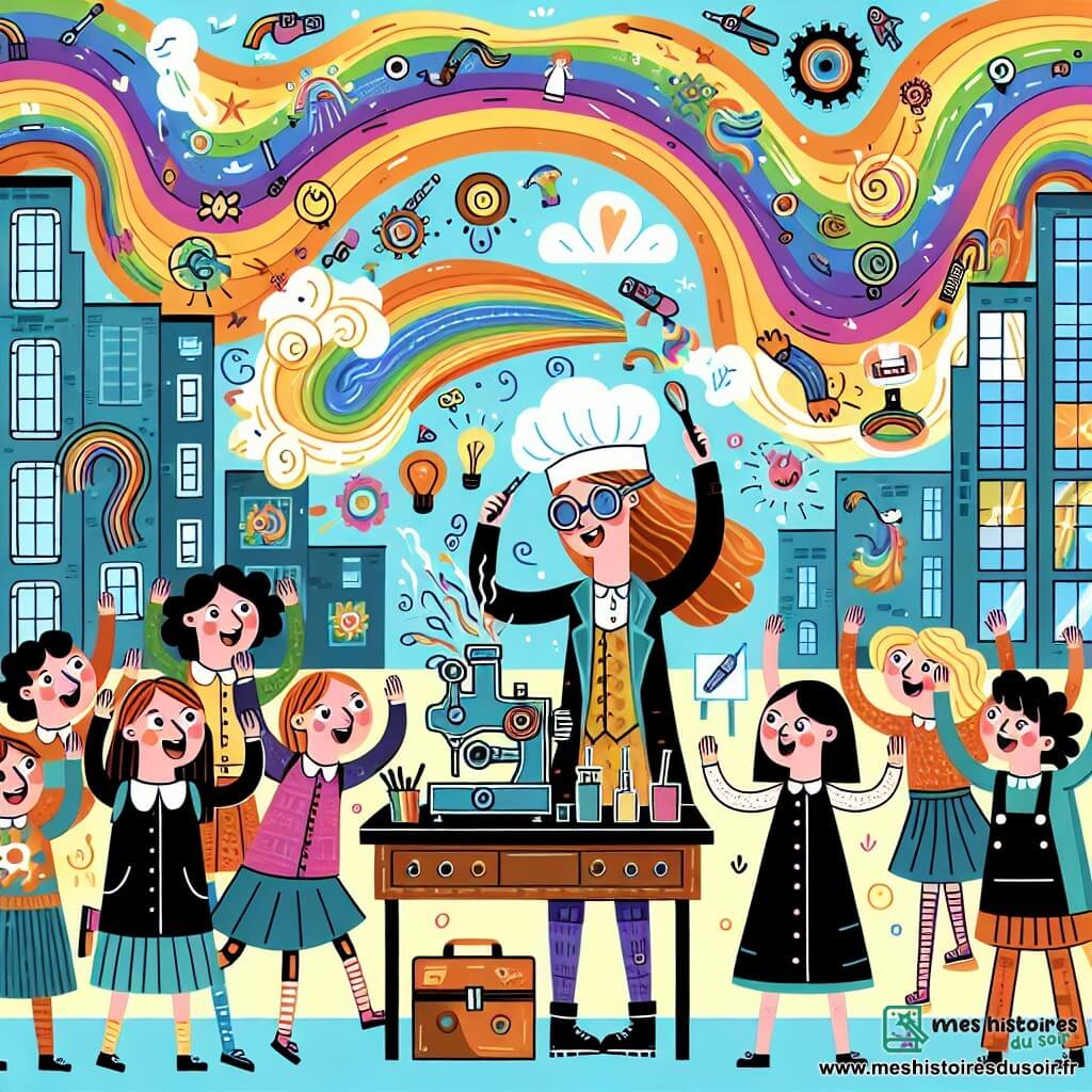 Une illustration destinée aux enfants représentant une inventeuse farfelue (femme) dans son atelier coloré, accompagnée de ses amis (garçons et filles) émerveillés, au milieu d'une ville remplie d'arcs-en-ciel dansants et virevoltants.