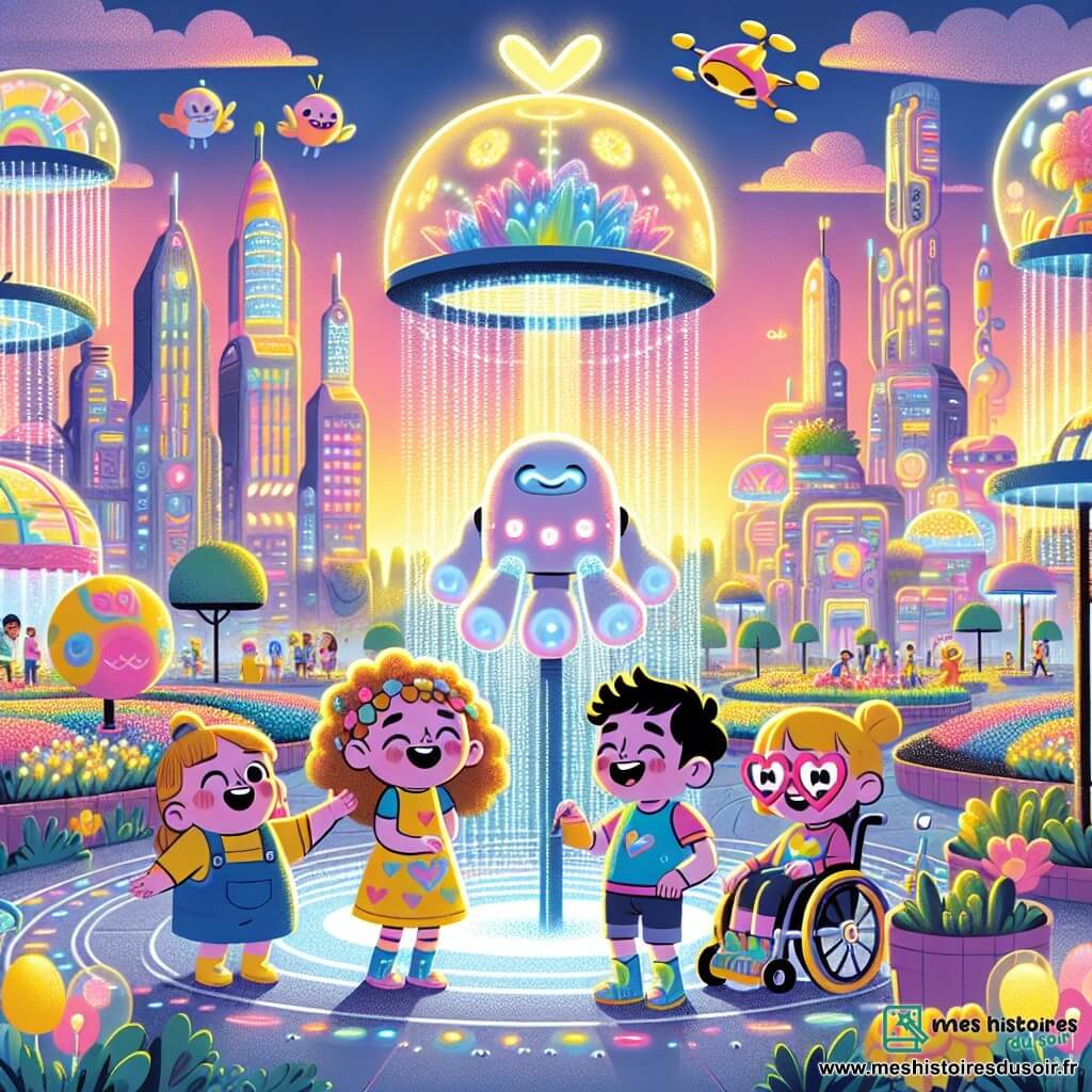 Une illustration sous forme de dessin destinée aux enfants représentant un parc futuriste de Lumiville, où des immeubles scintillants et des jardins suspendus illuminent le ciel, avec un groupe de quatre enfants de 7 ans, deux filles aux cheveux bouclés et tressés, et deux garçons, l'un en fauteuil roulant coloré et l'autre avec des lunettes en forme de cœur, tous en train de rire et de travailler ensemble sur un robot lumineux qui danse et arrose des fleurs, entourés de drones colorés distribuant des bonbons et de plantes éclatantes qui brillent sous le soleil.