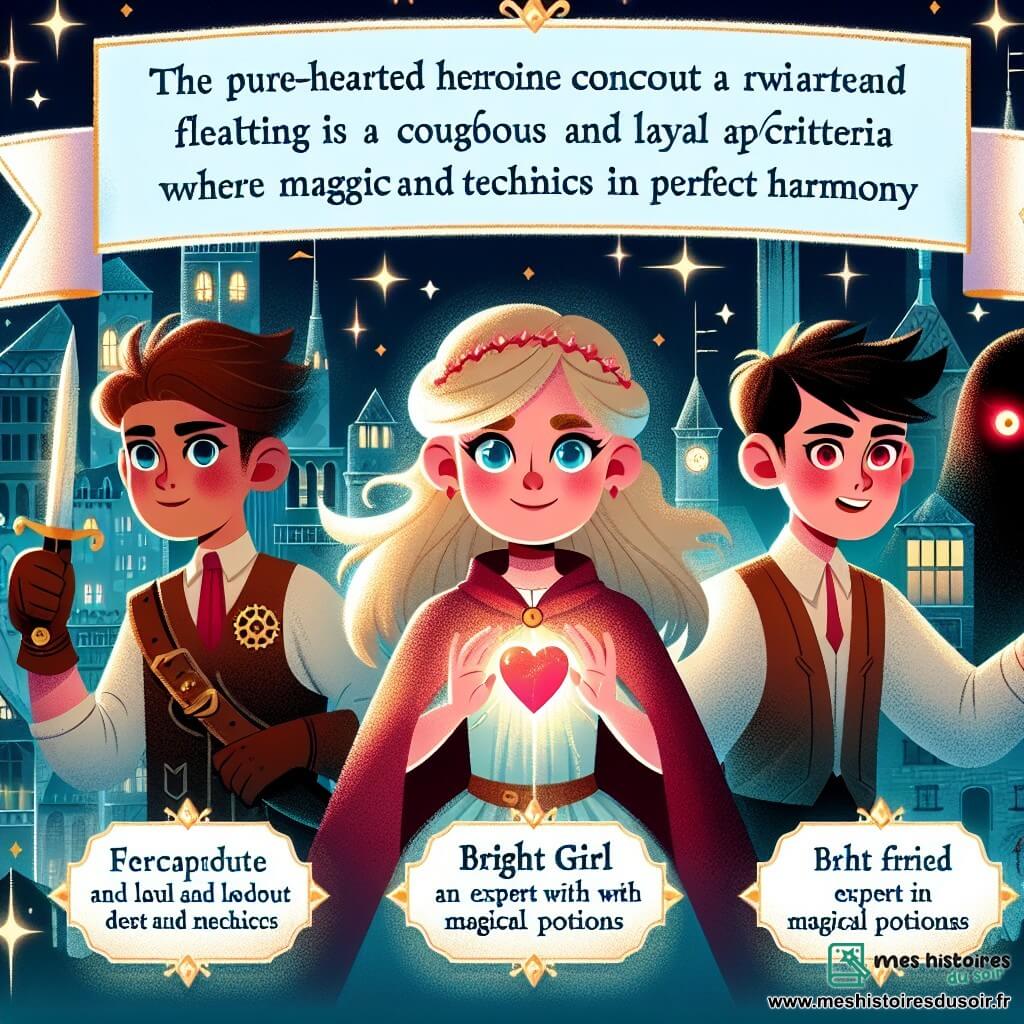 Une illustration destinée aux enfants représentant une super-héroïne au cœur pur, affrontant une ombre menaçante aux yeux rougeoyants, accompagnée de ses fidèles amis, un garçon courageux et loyal doué pour la mécanique et une jeune fille brillante experte en potions magiques, dans la ville scintillante de Cristallia où la magie et la technologie se mêlent en parfaite harmonie.