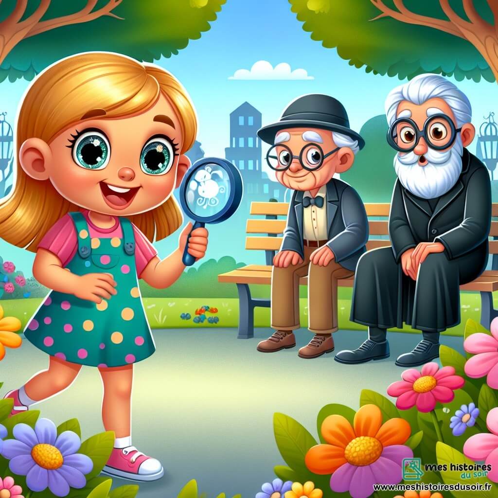 Une illustration sous forme de dessin destinée aux enfants représentant un parc ensoleillé, rempli de fleurs colorées et d'arbres verdoyants, où une petite fille de 7 ans aux cheveux dorés et aux yeux pétillants, vêtue d'une robe à pois, se tient joyeusement avec une loupe dans une main et un carnet dans l'autre, tandis qu'un vieil homme à la barbe blanche et aux lunettes rondes, assis sur un banc, sourit en racontant des histoires, alors qu'un mystérieux homme en noir, grand et vêtu d'un long manteau, apparaît au loin, tenant un poisson en plastique, créant une atmosphère de curiosité et d'amitié.
