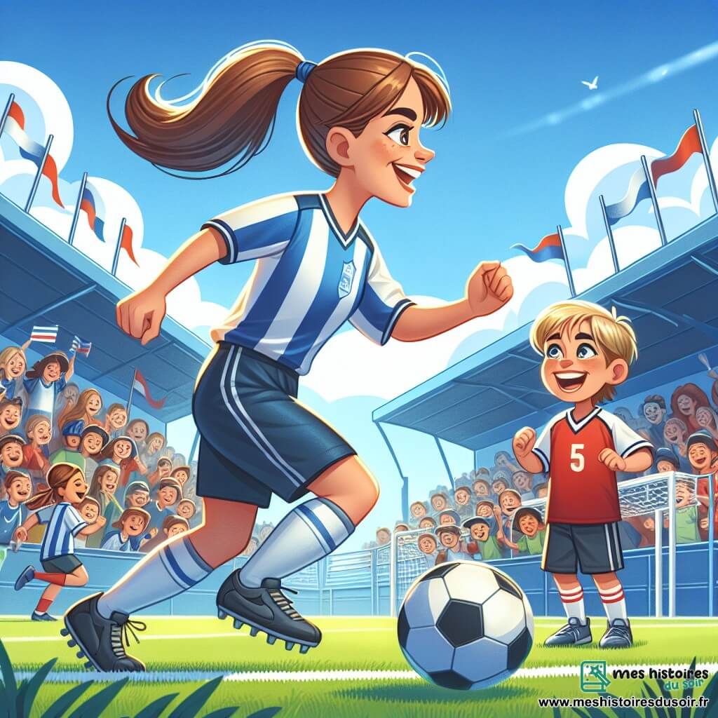 Illustration d'un terrain de football vibrant sous un ciel bleu, entouré de gradins pleins de supporters enthousiastes. Au centre, une jeune femme athlétique avec des cheveux bruns en queue de cheval porte un maillot bleu et blanc de l'équipe locale. Elle dribble le ballon avec agilité, son visage rayonnant de détermination et de joie. À ses côtés, un petit garçon de sept ans, avec des cheveux blonds en désordre et un sourire éclatant, est sur la touche, les bras levés en signe d'encouragement, portant un maillot rouge et un short noir. La scène montre la jeune femme prête à tirer au but, tandis que le garçon crie des encouragements, créant une atmosphère excitante. En arrière-plan, des drapeaux flottent et des supporters chantent, ajoutant à l'ambiance festive du match.