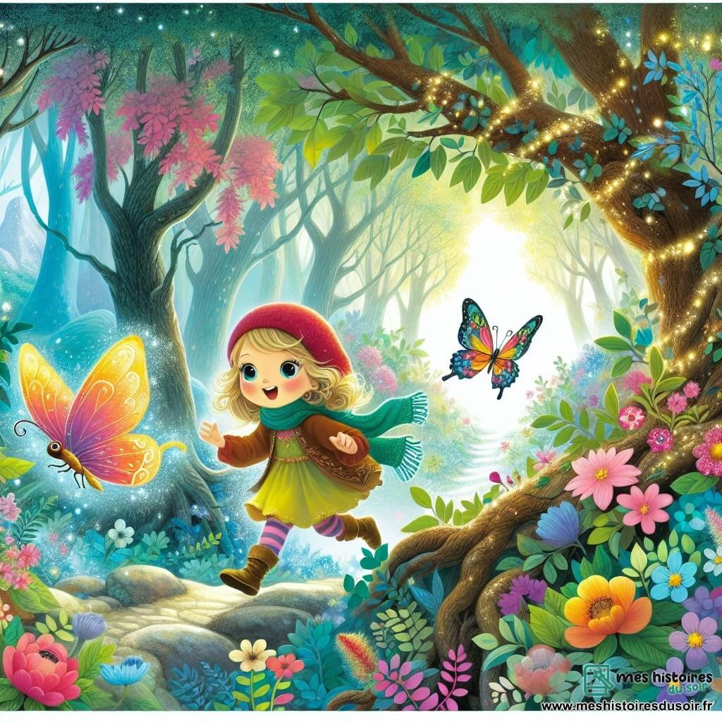 Une illustration destinée aux enfants représentant une jeune fille pleine de vie et de curiosité, se lançant courageusement dans une mystérieuse forêt enchantée, accompagnée d'un papillon aux couleurs chatoyantes, entourée d'arbres majestueux aux branches touffues et de fleurs aux couleurs éclatantes, dans un décor féerique baigné de lumière douce et de magie.