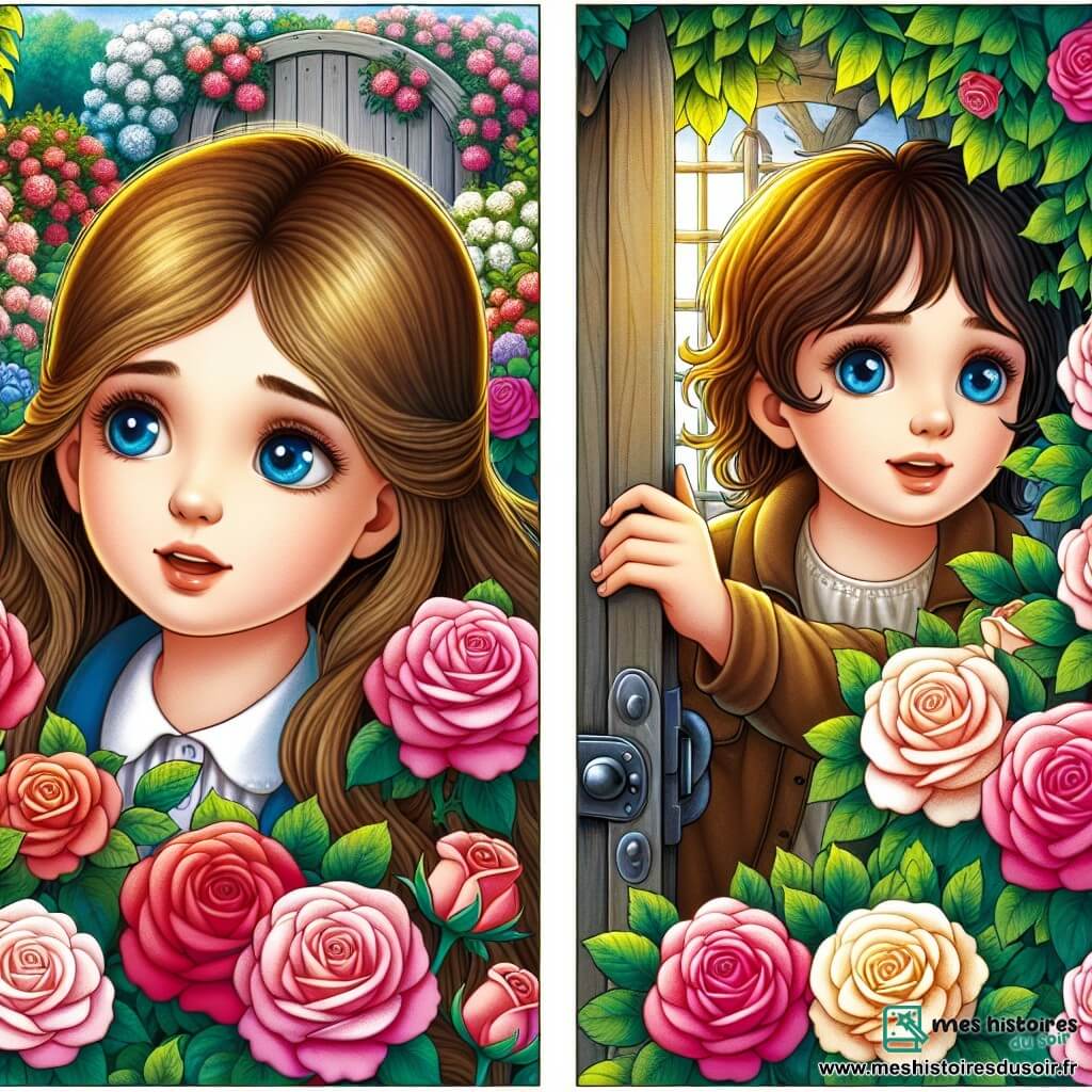 Une illustration destinée aux enfants représentant une jeune fille aux longs cheveux bruns, confrontée à la perte d'un être cher, accompagnée d'un nouvel ami aux yeux bleus, dans un jardin secret caché derrière des rosiers fleuris aux couleurs éclatantes.